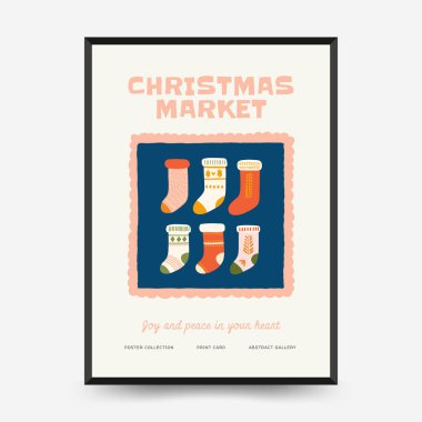 Mutlu Noeller ve mutlu yıllar dikey uçucu ya da poster şablonu. Modern trend Matisse minimal tarzı. Duvar kağıdı, duvar dekoru, baskı, kartpostal, kapak, şablon, pankart için el çizimi tasarımı.