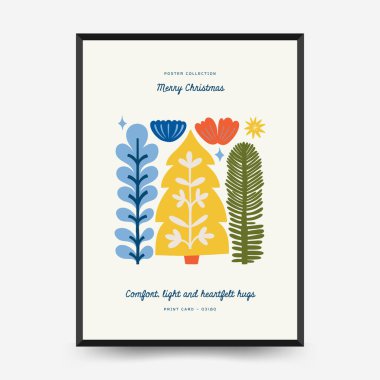 Mutlu Noeller ve mutlu yıllar dikey uçucu ya da poster şablonu. Modern trend Matisse minimal tarzı. Duvar kağıdı, duvar dekoru, baskı, kartpostal, kapak, şablon, pankart için el çizimi tasarımı.