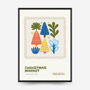 Mutlu Noeller ve mutlu yıllar dikey uçucu ya da poster şablonu. Modern trend Matisse minimal tarzı. Duvar kağıdı, duvar dekoru, baskı, kartpostal, kapak, şablon, pankart için el çizimi tasarımı.