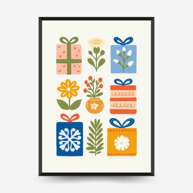 Mutlu Noeller ve mutlu yıllar dikey uçucu ya da poster şablonu. Modern trend Matisse minimal tarzı. Duvar kağıdı, duvar dekoru, baskı, kartpostal, kapak, şablon, pankart için el çizimi tasarımı.