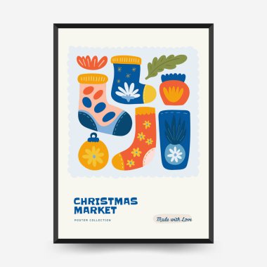 Mutlu Noeller ve mutlu yıllar dikey uçucu ya da poster şablonu. Modern trend Matisse minimal tarzı. Duvar kağıdı, duvar dekoru, baskı, kartpostal, kapak, şablon, pankart için el çizimi tasarımı.