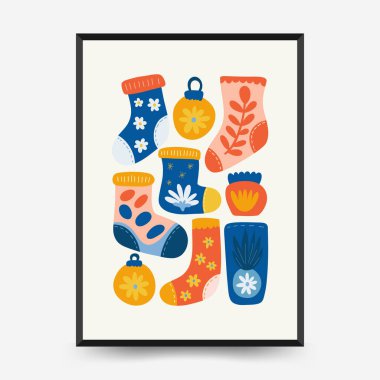 Mutlu Noeller ve mutlu yıllar dikey uçucu ya da poster şablonu. Modern trend Matisse minimal tarzı. Duvar kağıdı, duvar dekoru, baskı, kartpostal, kapak, şablon, pankart için el çizimi tasarımı.