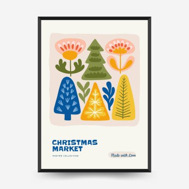 Mutlu Noeller ve mutlu yıllar dikey uçucu ya da poster şablonu. Modern trend Matisse minimal tarzı. Duvar kağıdı, duvar dekoru, baskı, kartpostal, kapak, şablon, pankart için el çizimi tasarımı.