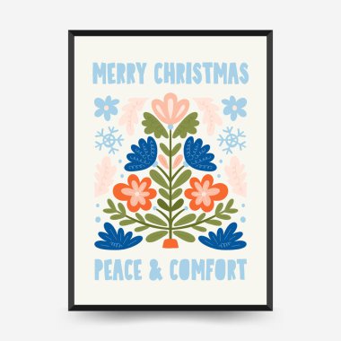 Mutlu Noeller ve mutlu yıllar dikey uçucu ya da poster şablonu. Modern trend Matisse minimal tarzı. Duvar kağıdı, duvar dekoru, baskı, kartpostal, kapak, şablon, pankart için el çizimi tasarımı.