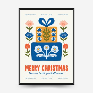 Mutlu Noeller ve mutlu yıllar dikey uçucu ya da poster şablonu. Modern trend Matisse minimal tarzı. Duvar kağıdı, duvar dekoru, baskı, kartpostal, kapak, şablon, pankart için el çizimi tasarımı.