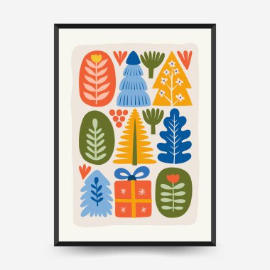 Mutlu Noeller ve mutlu yıllar dikey uçucu ya da poster şablonu. Modern trend Matisse minimal tarzı. Duvar kağıdı, duvar dekoru, baskı, kartpostal, kapak, şablon, pankart için el çizimi tasarımı.