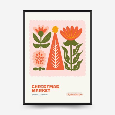 Mutlu Noeller ve mutlu yıllar dikey uçucu ya da poster şablonu. Modern trend Matisse minimal tarzı. Duvar kağıdı, duvar dekoru, baskı, kartpostal, kapak, şablon, pankart için el çizimi tasarımı.