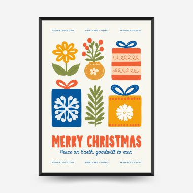 Mutlu Noeller ve mutlu yıllar dikey uçucu ya da poster şablonu. Modern trend Matisse minimal tarzı. Duvar kağıdı, duvar dekoru, baskı, kartpostal, kapak, şablon, pankart için el çizimi tasarımı.