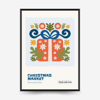 Mutlu Noeller ve mutlu yıllar dikey uçucu ya da poster şablonu. Modern trend Matisse minimal tarzı. Duvar kağıdı, duvar dekoru, baskı, kartpostal, kapak, şablon, pankart için el çizimi tasarımı.