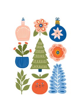 Mutlu Noeller ve mutlu yıllar illüstrasyonu. Modern moda minimal tarz. Duvar kağıdı, duvar dekoru, baskı, kartpostal, kapak, şablon, pankart için el çizimi tasarımı.