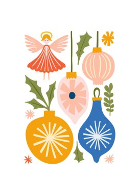 Mutlu Noeller ve mutlu yıllar illüstrasyonu. Modern moda minimal tarz. Duvar kağıdı, duvar dekoru, baskı, kartpostal, kapak, şablon, pankart için el çizimi tasarımı.