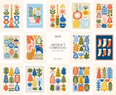 Mutlu Noeller ve mutlu yıllar illüstrasyonu. Modern moda minimal tarz. Duvar kağıdı, duvar dekoru, baskı, kartpostal, kapak, şablon, pankart için el çizimi tasarımı.