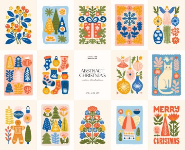 Mutlu Noeller ve mutlu yıllar illüstrasyonu. Modern moda minimal tarz. Duvar kağıdı, duvar dekoru, baskı, kartpostal, kapak, şablon, pankart için el çizimi tasarımı.