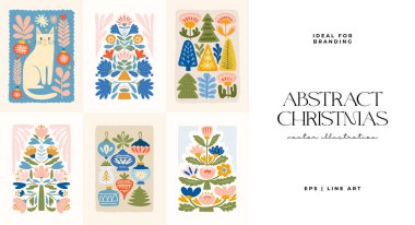 Mutlu Noeller ve mutlu yıllar illüstrasyonu. Modern moda minimal tarz. Duvar kağıdı, duvar dekoru, baskı, kartpostal, kapak, şablon, pankart için el çizimi tasarımı.