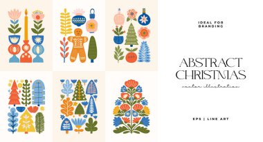 Mutlu Noeller ve mutlu yıllar illüstrasyonu. Modern moda minimal tarz. Duvar kağıdı, duvar dekoru, baskı, kartpostal, kapak, şablon, pankart için el çizimi tasarımı.