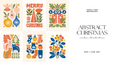 Mutlu Noeller ve mutlu yıllar illüstrasyonu. Modern moda minimal tarz. Duvar kağıdı, duvar dekoru, baskı, kartpostal, kapak, şablon, pankart için el çizimi tasarımı.