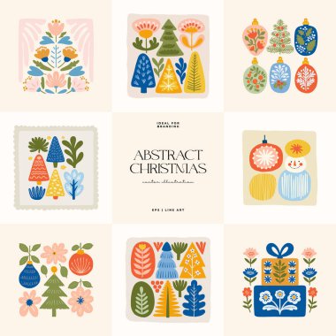 Mutlu Noeller ve mutlu yıllar illüstrasyonu. Modern moda minimal tarz. Duvar kağıdı, duvar dekoru, baskı, kartpostal, kapak, şablon, pankart için el çizimi tasarımı.