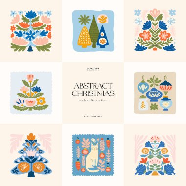 Mutlu Noeller ve mutlu yıllar illüstrasyonu. Modern moda minimal tarz. Duvar kağıdı, duvar dekoru, baskı, kartpostal, kapak, şablon, pankart için el çizimi tasarımı.