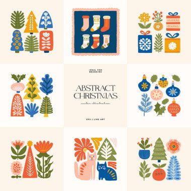 Mutlu Noeller ve mutlu yıllar illüstrasyonu. Modern moda minimal tarz. Duvar kağıdı, duvar dekoru, baskı, kartpostal, kapak, şablon, pankart için el çizimi tasarımı.