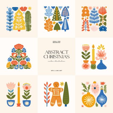 Mutlu Noeller ve mutlu yıllar illüstrasyonu. Modern moda minimal tarz. Duvar kağıdı, duvar dekoru, baskı, kartpostal, kapak, şablon, pankart için el çizimi tasarımı.