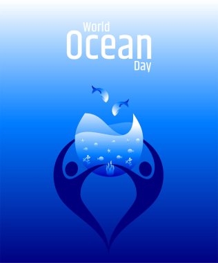 Dünya okyanus günü. Vektör çizimi. Bu, 8 Haziran 'da kutlanan bir tasarruf okyanus farkındalığı konseptidir.