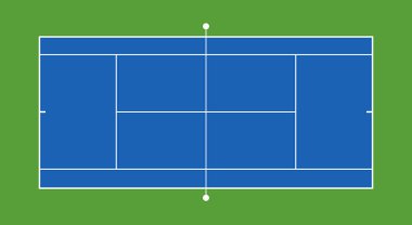 Üst düzey tenis kortu, şebeke ve gölge manzaralı. Sıkı koruma alanı. Vektör çizimi. Dokulu gerçekçi tenis kortu illüstrasyonu. Tam oranlar