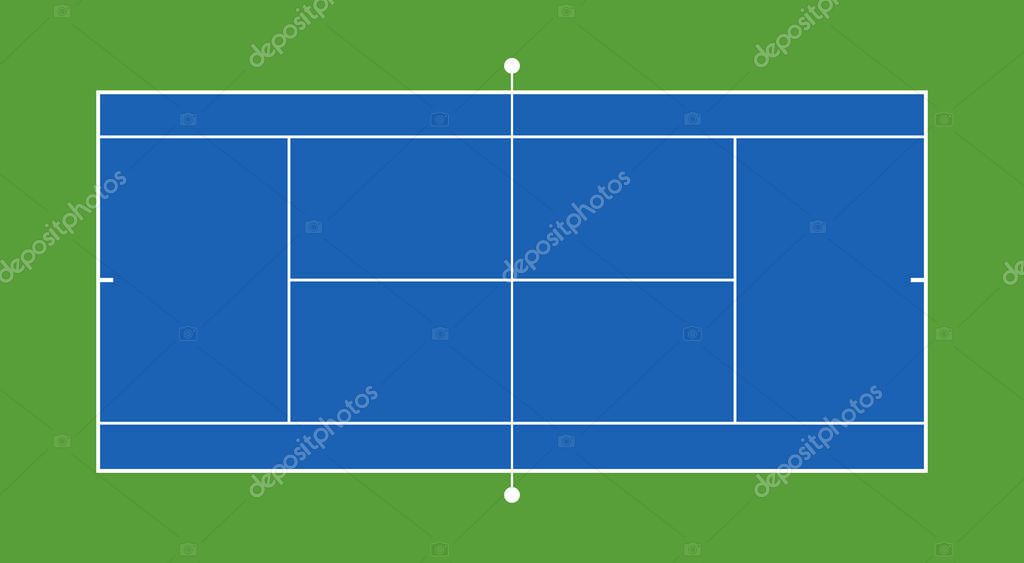 Top view tennis hard court with grid and shadow top view. Hard cover field. Vector illustration. Textured realistic tennis court illustration. The exact proportions