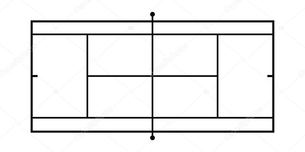 Tennis court top view. Game field. Black tennis court isolated on white background. Vector illustration. The exact proportions