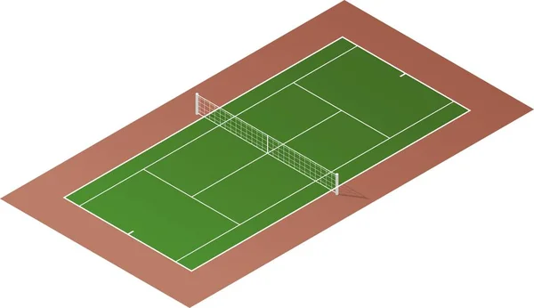 グリッドと影のアイソメトリックビューを持つテニスコート 草のカバーフィールド ベクトルイラスト 現実的なテニスコートのイラスト 正確な割合 — ストックベクタ