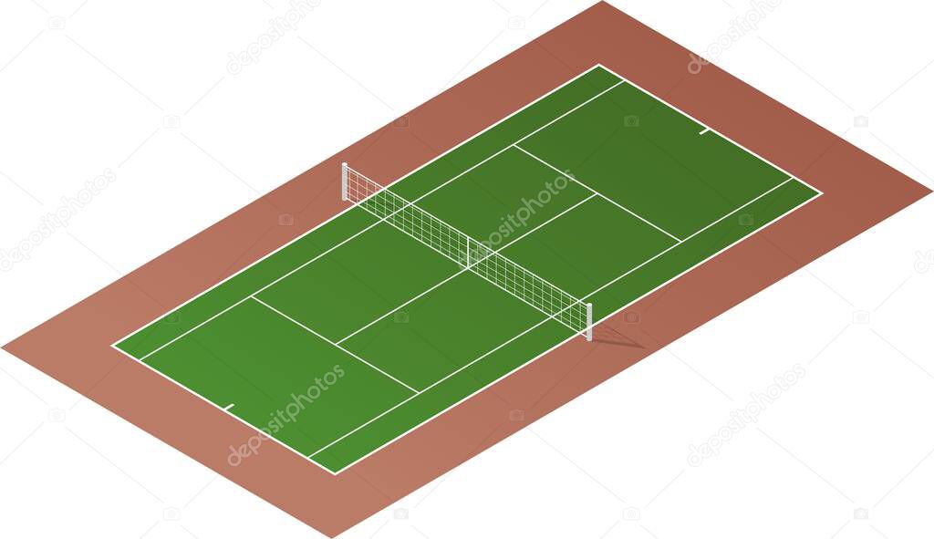Tennis court with grid and shadow isometric view. Grass cover field. Vector illustration. Realistic tennis court illustration. The exact proportions