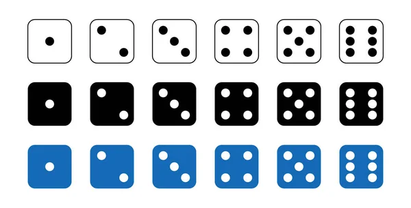Dice图形图标设置 蓝色的骰子方块从1点到6点 赌博物品在赌场玩扑克六面立方体 传统的死亡与数点从1到6 — 图库矢量图片