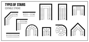 Set of stairs for floor plan top view. Architectural element for scheme of apartments. Kit of stairway icon and wall for interior project. Vector Construction symbol, graphic design element, blueprint