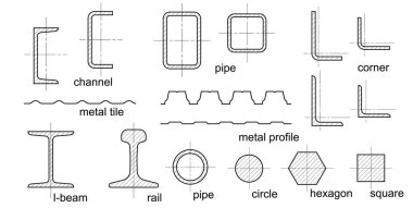 Steel rolled products, iron profiles, metal beam, pipe, girder, construction bars, corner, square and round tube. Metal, aluminum elements for metalwork. Cad set for metallurgy industry materials