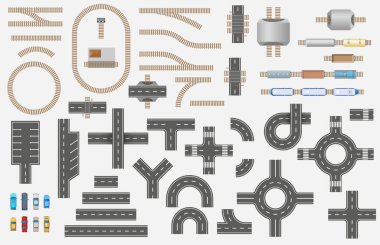 Set of road and railway elements, trains and cars for city map top view . Transport kit for design of town, country plan. Seamless constructor of City transport. Car, station, train, wagon, locomotive