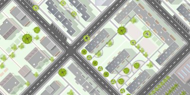 Top view of the city. Plan of town with crossroads, houses, roof, park. Cityscape aerial landscape from above. Background town map. Vector Landscape design plan. Highly detailed country map