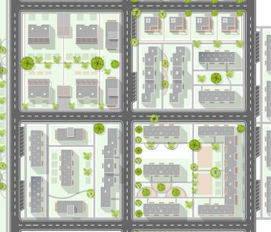 Top view of the city. Plan of town with crossroads, houses, roof, park. Cityscape aerial landscape from above. Background town map. Vector Landscape design plan. Highly detailed country map