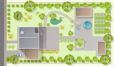 Top view landscape design plan with house, courtyard, lawn, garage. Highly detailed plan of country with modern cottage of villa with pond, pool. Vector illustration of Cityscape, Map of town, village