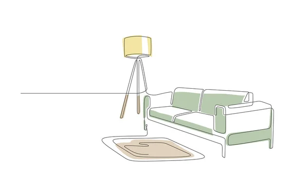 色の形をしたソファと床ランプの連続線画 モダンな家具付きの1つのラインインテリアリビングルーム 単線要素屋内の落書きイラストの手描き輪郭フロントビュー — ストックベクタ