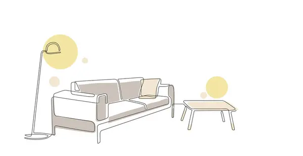 灯和桌子的连续线条绘制 一间有现代家具和抽象色彩造型的单行室内客厅 室内涂鸦插图单线单元手绘等高线 — 图库矢量图片