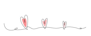 Pembe şekilli aralıksız çizgili kalpler. Kalp logosu. Sevgililer Günü arkaplanı için tek satır nesnesi. Bir çizgi çizilmiş aşk sembolü. El çizimi karalama çizimi. Minimalist vektör işaretini sevin