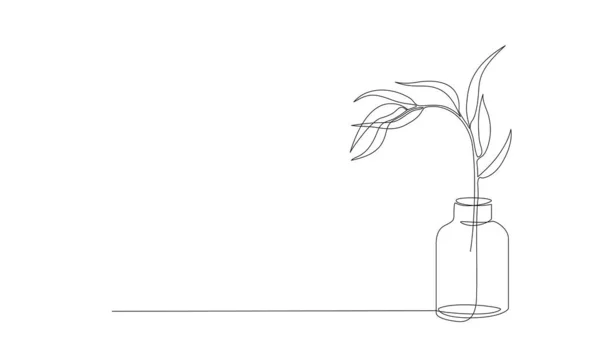 Een Continue Lijn Tekening Van Bladeren Plant Vaas Fles Creatieve — Stockvector