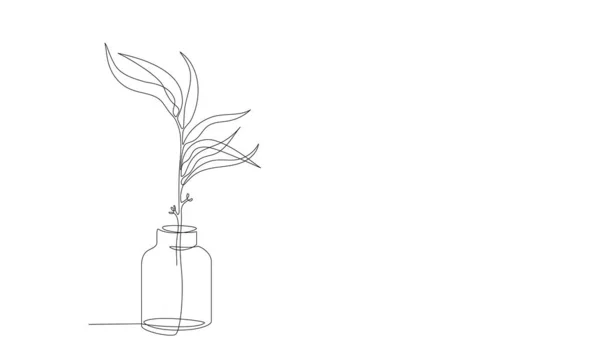 一个连续的线条画在花瓶 瓶子里的叶子植物 富有创意的简约手绘绘画 带有装饰花瓶 枝条和树叶 矢量手绘草图线图解 — 图库矢量图片