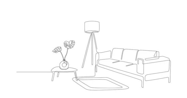 Continuous Line Interior Sofa Plant Lamp One Line Drawing Living — Stock vektor