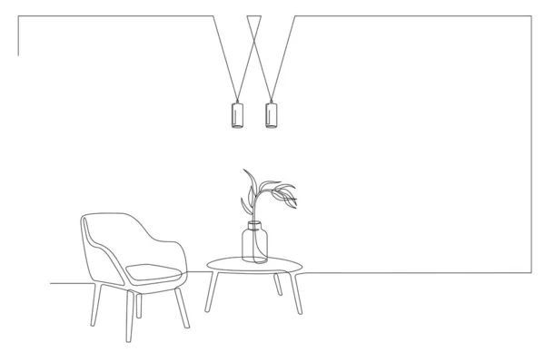 单排内饰有扶手椅 放置在桌子上的花瓶里 带有现代家具的客厅单行图 连续线手绘轮廓 花盆里 可编辑笔划矢量 — 图库矢量图片