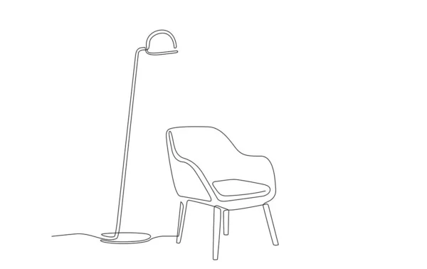 アームチェアとフロアランプの連続線画 インテリアの1行モダンな家具とリビングルーム 単一のライン家具要素 家具の手描き輪郭 落書きベクトルイラスト — ストックベクタ
