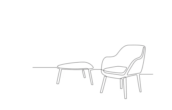 アームチェアとコーヒーテーブルの連続線画 インテリアの1行モダンな家具とリビングルーム 単一のライン家具要素 家具の手描き輪郭 落書きベクトルイラスト — ストックベクタ