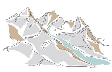 Dağ sırasının arka planının sürekli renkli çizimleri. Dağ panoramik manzarasının tek bir çizgisi. Çizgi sanatı çizimi. Basit vektör doğrusal biçimi. El çizimi.