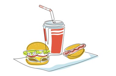 Hamburger, sosisli fast food seti, sürekli tek bir çizim tarzı soda. Sokak yemeği atıştırmalıkları. Tek sıra. Paket yemek, abur cubur menü, afiş, poster için doğrusal çizim