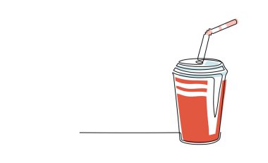 Plastik bardakta sürekli çizim yapan tatlı bir soda içeceği. Lineart tarzında fast food içeceği. Tek sıra, düzenlenebilir felç. Milkshake ya da içecek. Modern vektör illüstrasyonu