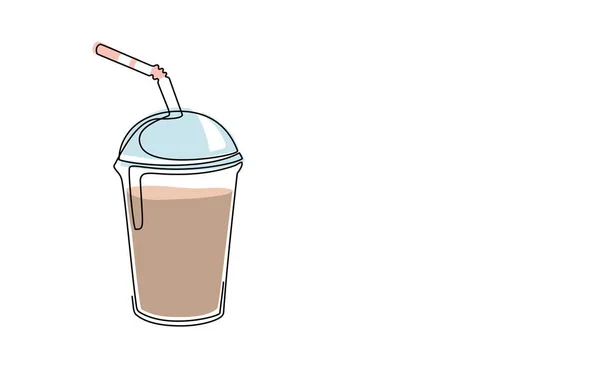 Молочный Коктейль Кофе Пластиковой Чашке Одном Стиле Непрерывной Линии Рисования — стоковый вектор